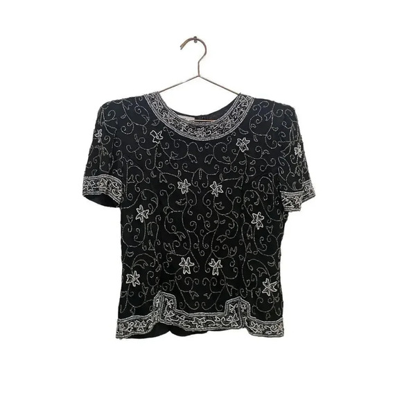 Stenay Black Short Sleeve Floral Beaded Blouse Top Size Medium - Picture 1 of 5